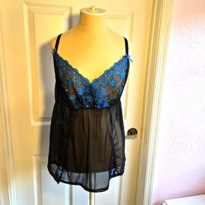 Cacique Blue And Black Sheer‎ Camisole Shirt Babydoll Top Size 22/24 Lingerie
